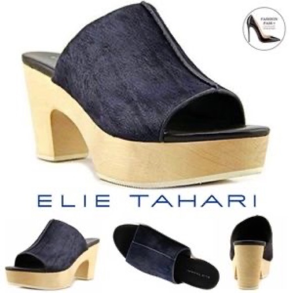 NWOT Elie Tahari Tortuga Navy Blue calf hair Leather wooden clogs navy blue 38 - Picture 2 of 11